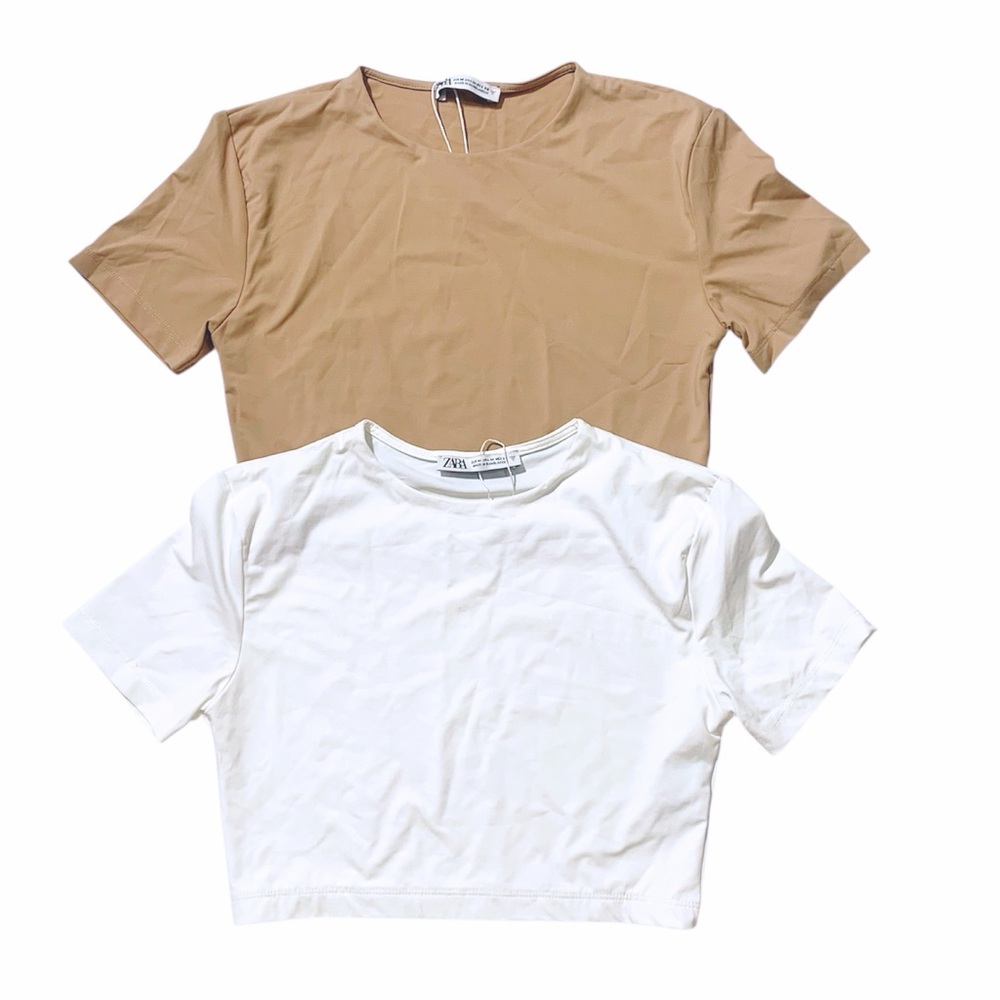 2 Zara Women Tan Nude White Crop Top Tee Crew Neck Slinky Buttery Short Sleeve